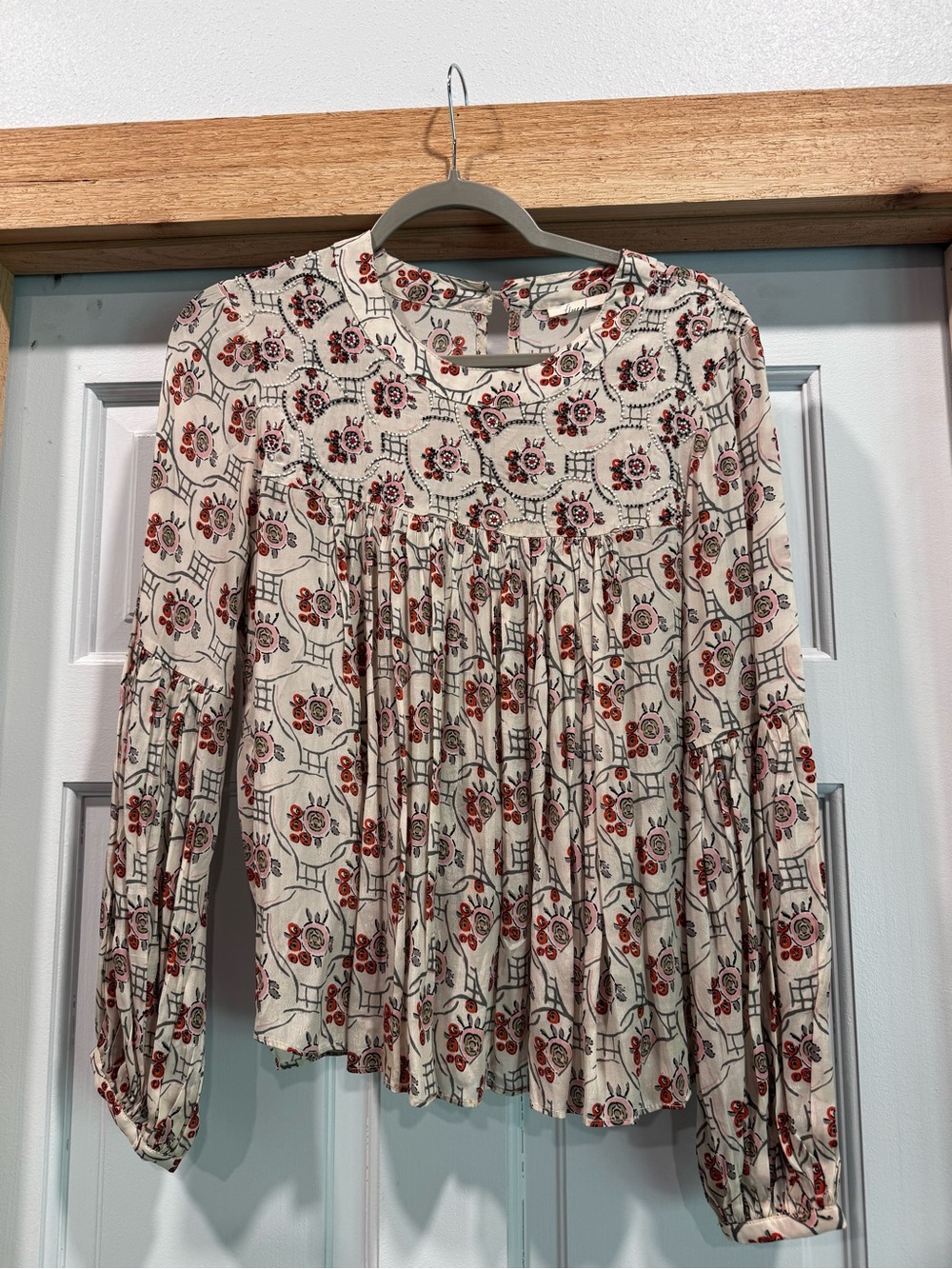 Anthropologie Cream Floral Peasant Top with Rust Accents